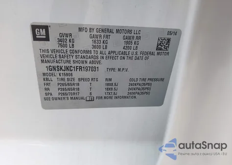 2015 Chevrolet Suburban 1500 Lt из США, поврежденный, VIN 1GNSKJKC1FR197031